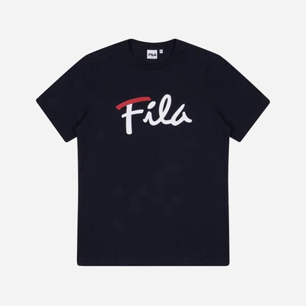 Fila Cursive Logo S/S Women's T-Shirts - Navy,NZ 875-34078